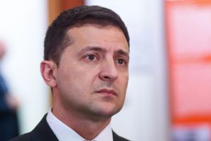 President of Ukraine Volodymyr Zelensky visits an exposition at the Latvian Museum of Occupation in Riga, Latvia in October 2019