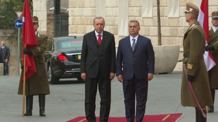 IMAGES Hungarian Prime Minister Viktor Orban welcomes Turkish President Recep Tayyip Erdogan during an official ceremony in the capital Budapest.
