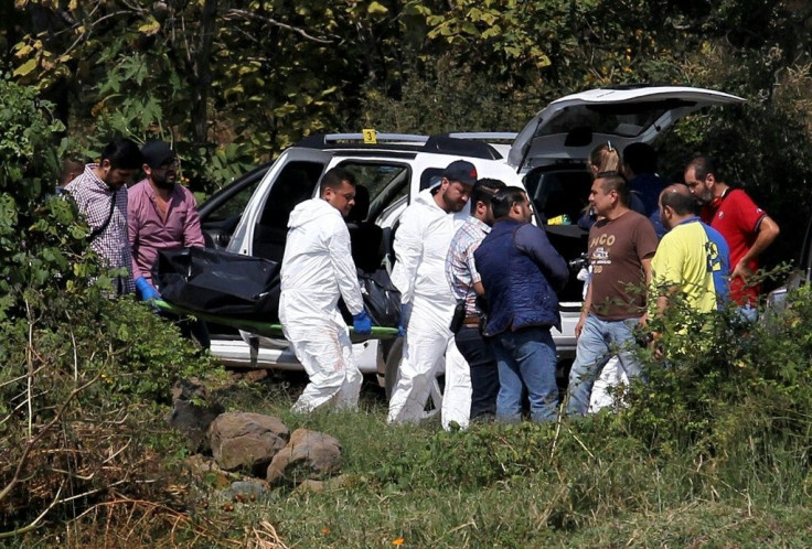 A team of forensic experts work in the site where seven bodies were found inside three abandoned vehicles