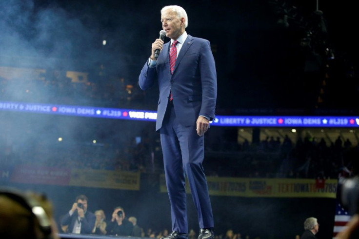 Democratic presidential candidate Joe Biden speaks during the Iowa Democratic Party Liberty & Justice Celebration in Des Moines, Iowa