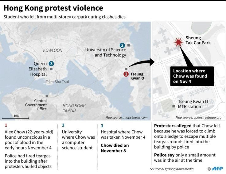 Map of Hong Kong showing the location where student Alex Chow fell from a multi-storey carpark on November 4, 2019. He later died of his injuries