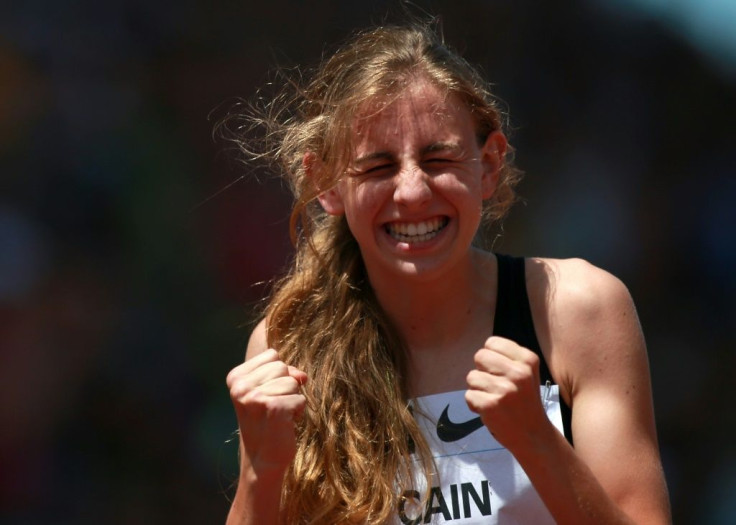 Mary Cain of the USA celebrates being the first high schooler to break the two minute mark in the 800m at the 2013 Prefontaine Classic Diamond League meeting in Eugene, Oregon