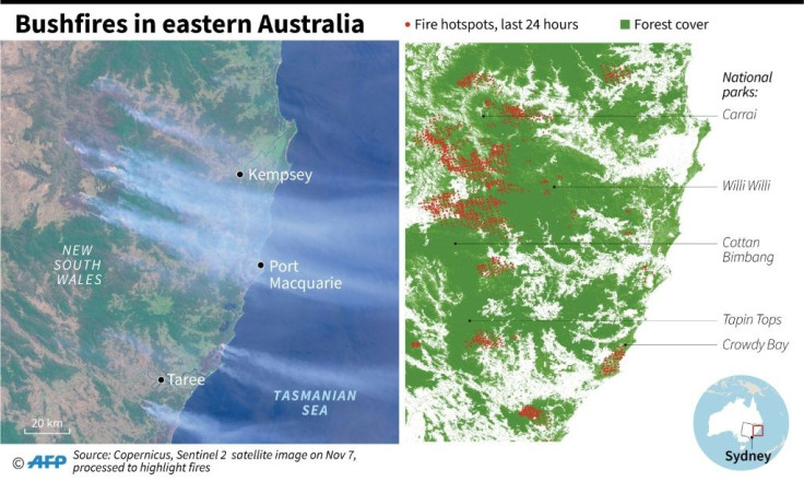 Satellite image showing bushfires in Australia's New South Wales, with focus on fires in the last 24 hours