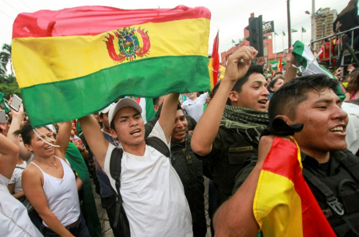 People take to the streets of Santa Cruz to celebrate the resignation of Bolivian President Evo Morales on November 10, 2019 after multiple weeks of protests