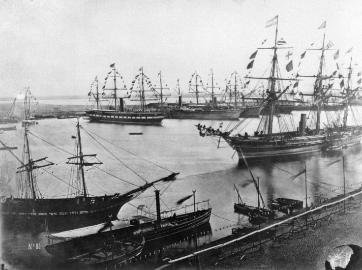 A file photo from November 1869 shows the inauguration of the Suez Canal in Egypt, which opened after a decade-long construction to link the Mediterranean to the Red Sea