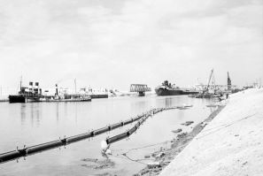 The Suez Canal in 1955, during a phase of major expansion and a year before it was nationalised by Egypt