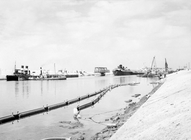 The Suez Canal in 1955, during a phase of major expansion and a year before it was nationalised by Egypt