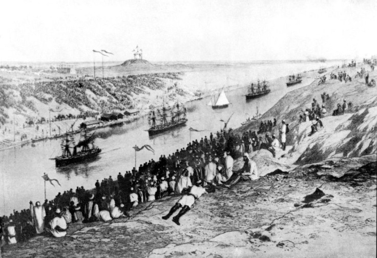An archive photo from 1869 shows an unsigned painting of the inauguration of the Suez Canal