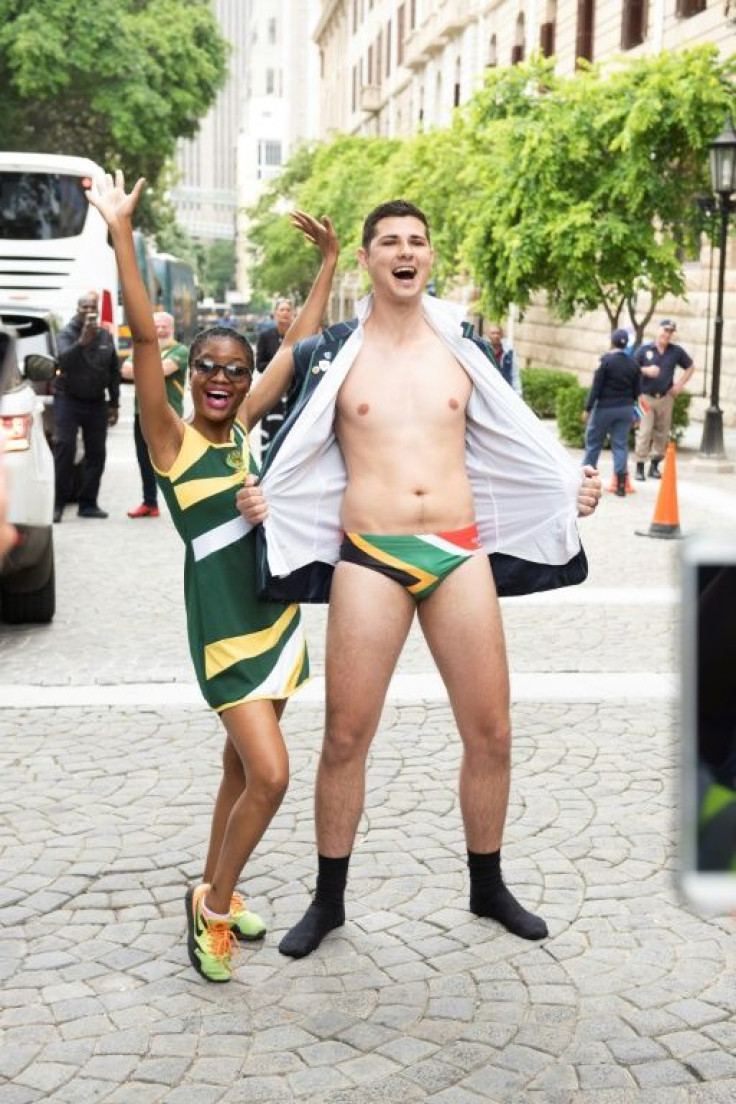 Y front: A Springboks supporter wears underpants emblazoned with the national flag, mimicking the attire of scrum half Faf de Klerk on the night South Africa won the cup