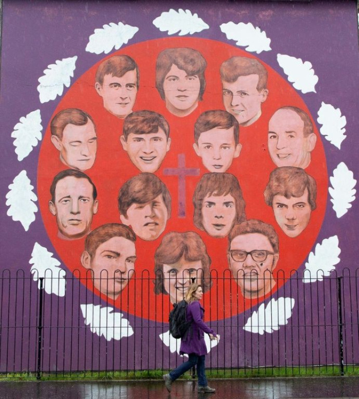 A mural commemorates the victims of the 1972 "Bloody Sunday" killings in the Bogside area of Londonderry (Derry), Northern Ireland