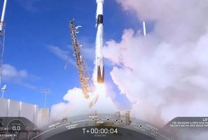 An image grab taken from a SpaceX video shows the launch of sixty mini-satellites on a Falcon-9 rocket