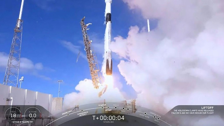 An image grab taken from a SpaceX video shows the launch of sixty mini-satellites on a Falcon-9 rocket