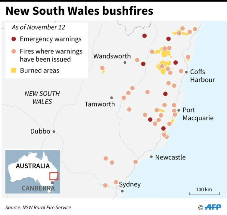 Map showing bushfire emergency warnings in Australia as of November 12.