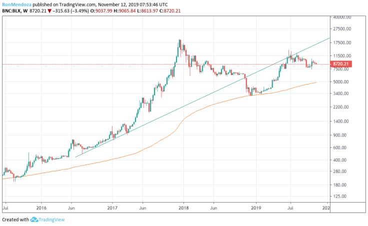 Bitcoin on a logarithmic chart provided by TradingView.