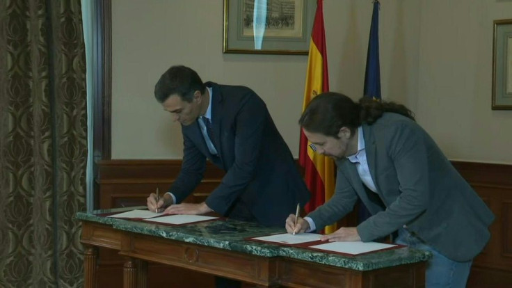 IMAGESPedro Sanchez (PSOE, the Spanish Socialist Party) and Pablo Iglesias (Podemos Party) announce that the parties have agreed in principle to form a coalition government. A government formed by the two parties -- who tried and failed to reach a deal se