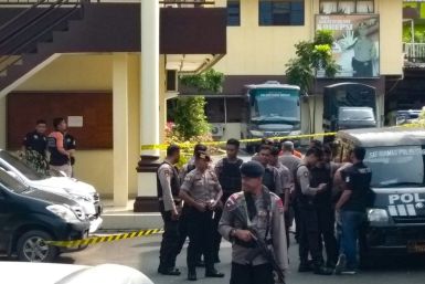 Indonesian police at their headquarters in Medan after the suspected suicide attack