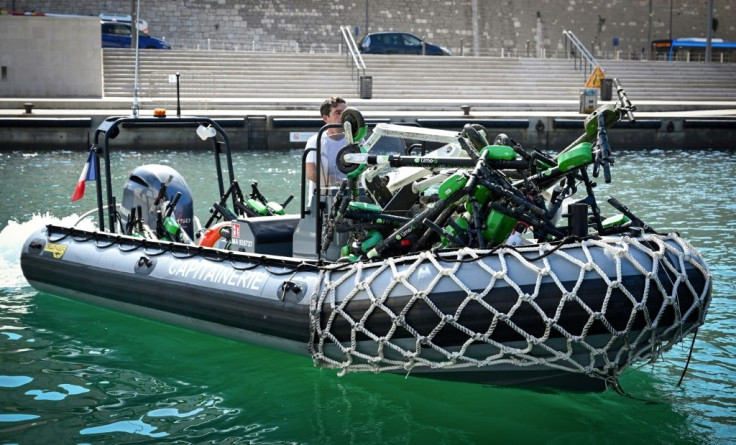 A raft with electric scooters recovered in July from the sea near Marseille, one of several French cities grappling with e-scooter vandalism