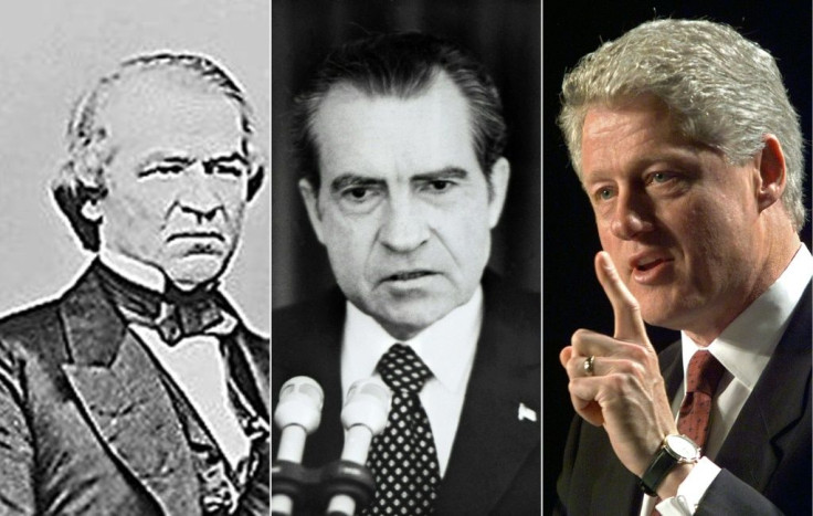 Three past US presidents who faced impeachment: Andrew Johnson (L) in 1868, Richard Nixon (C) in 1974, and Bill Clinton in 1998; both Johnson and Clinton were impeached but survived trial by the Senate, while Nixon resigned before he was formally impeache