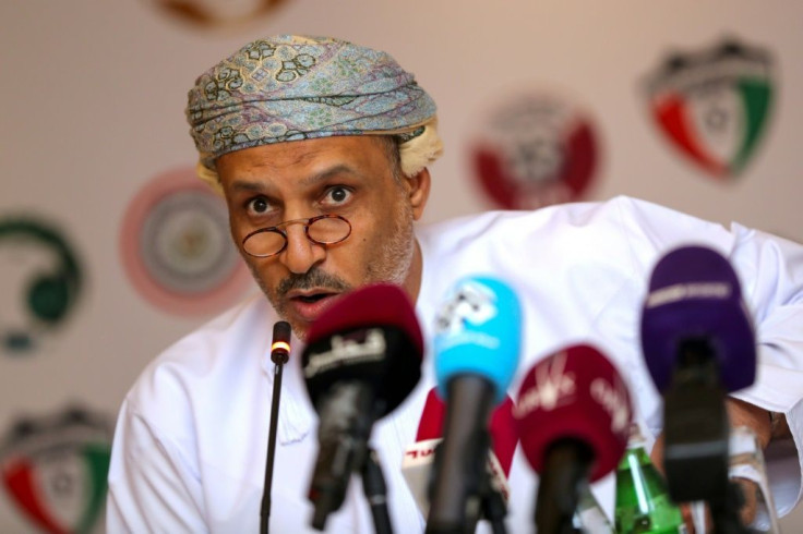 Jassim al-Shukali, vice president of the Arab Gulf Cup Football Federation, addresses a press conference in the Qatari capital Doha