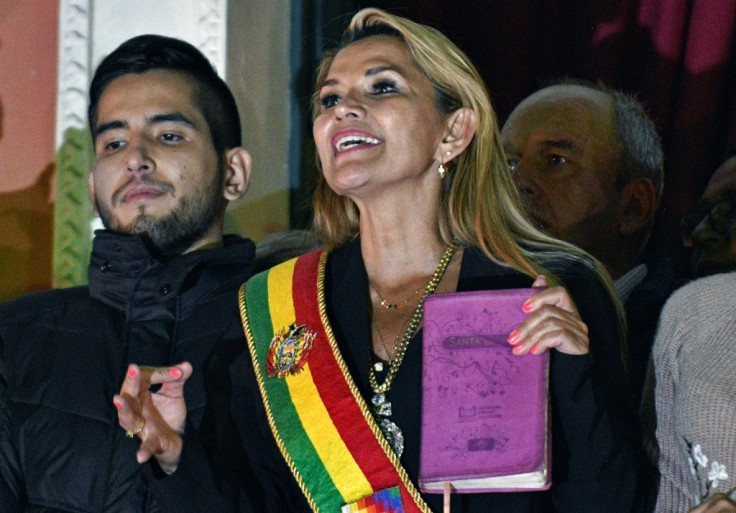 Deputy Senate speaker Jeanine Anez speaks from the balcony of the government Quemado Palace in La Paz after proclaiming herself the country's interim president