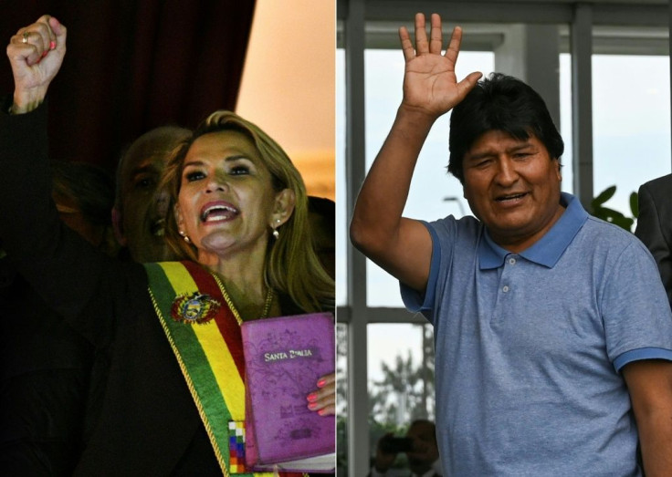 Interim Bolivia President Jeanine Anez (left) acknowledges her supporters after her appointment as ousted former leader Evo Morales waves upon his arrival in Mexico where he has been granted asylum