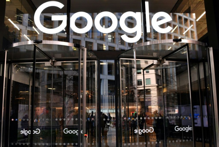In this file photo taken on January 18, 2019 a logo is pictured above the entrance to the offices of Google in London