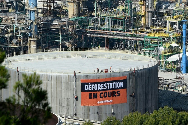 Greenpeace activists deployed a banner reading "deforestation underway" at Total's biofuel refinery at La Mede, near Marseille, on October 29, 2019.