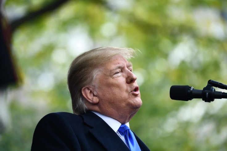 US President Donald Trump delivers remarks during the New York City Veterans Day Parade on November 11, 2019 in New York