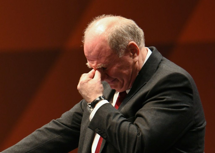 Outgoing Bayern Munich president Uli Hoeness fights back tears as he speaks at the club's annual general meeting on Friday