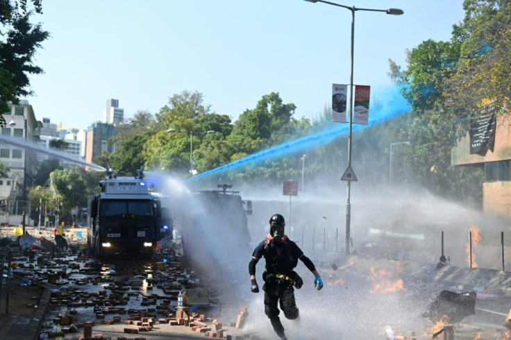 Activists hurled petrol bombs at advancing water cannon