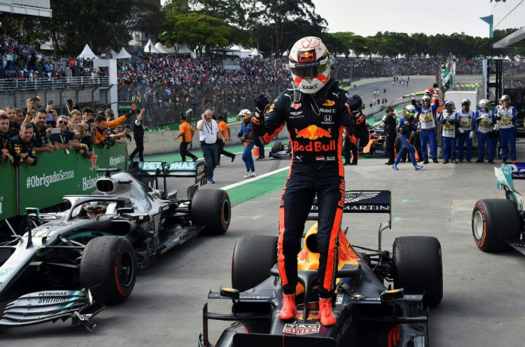 Red Bull driver Max Verstappen celebrates after winning the Brazilian Grand Prix