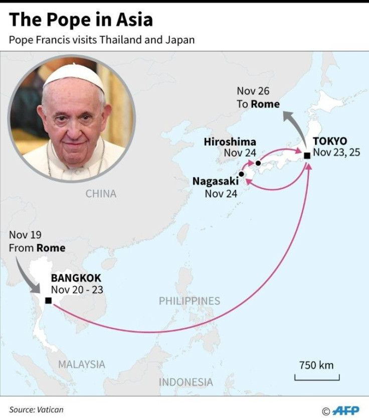 Map showing the route and dates of Pope Francis' Asia visit, Nov 19-26.