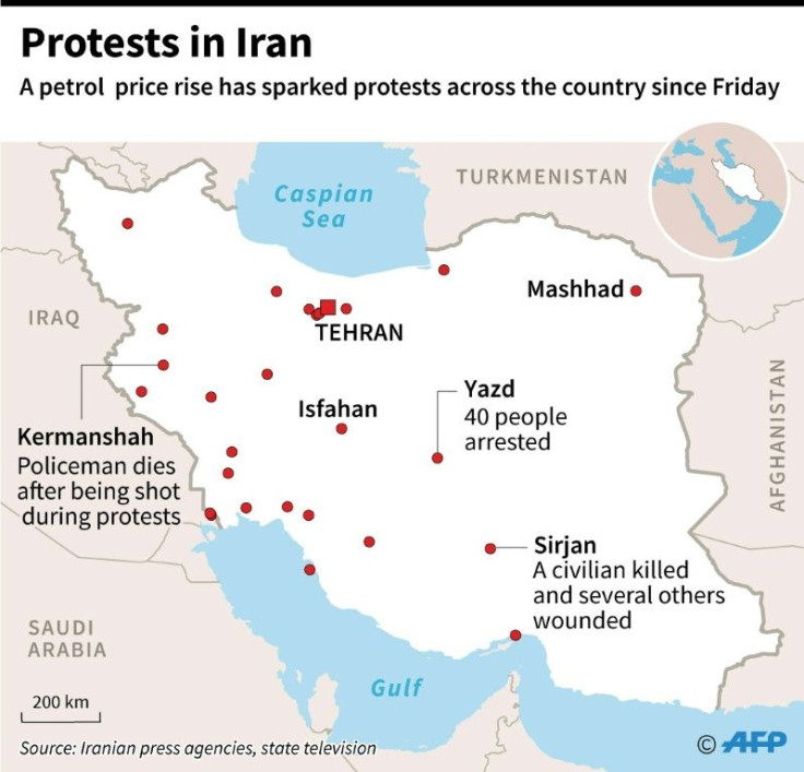 Map locating protests in major cities across Iran since Friday following a rise in petrol prices