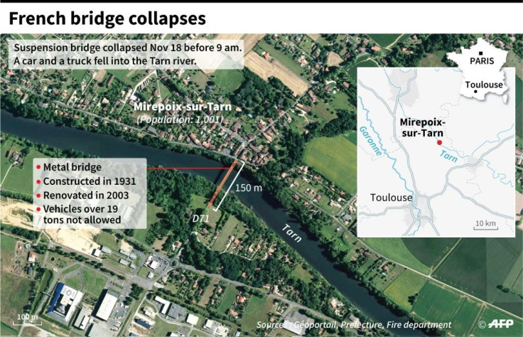 Satellite3 image of the suspension bridge at Mirepoix-sur-Tarn in southwest France which collapsed on Monday.