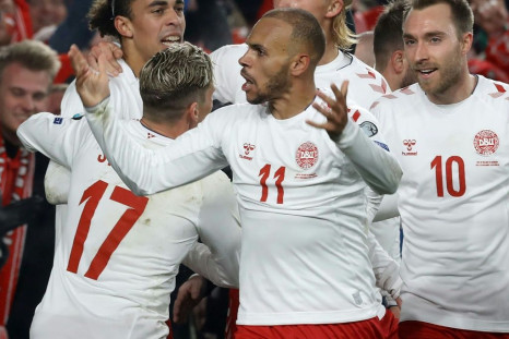 Martin Braithwaite (C) celebrates after putting Denmark ahead against Ireland - a 1-1 draw allowed the Danes to qualify for Euro 2020