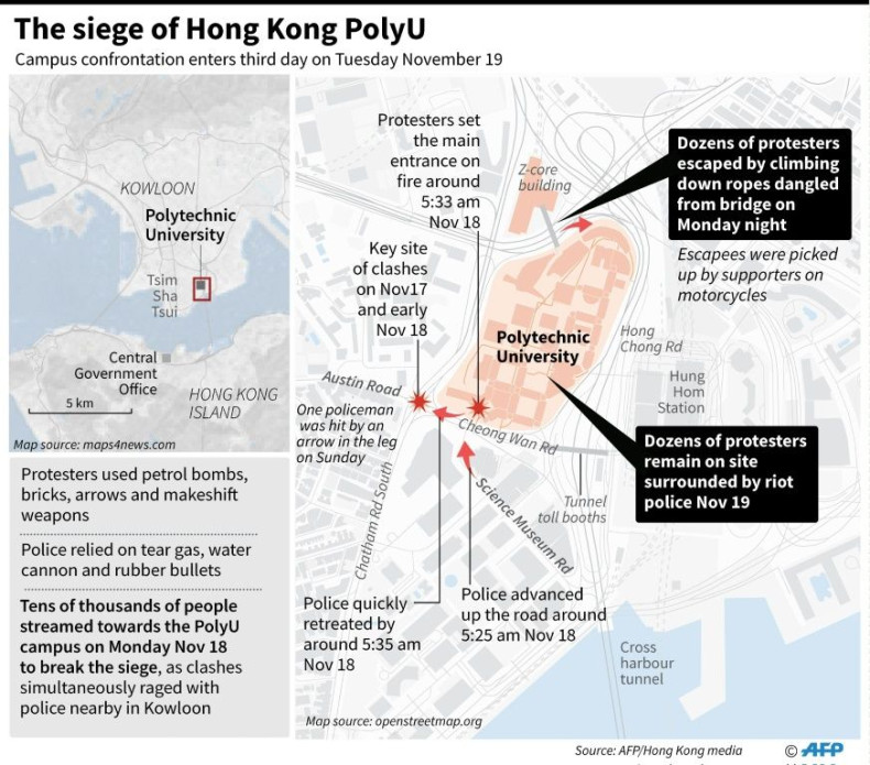 Map of Hong Kong locating the Polytechnic University where protesters were still barricaded on Tuesday morning.