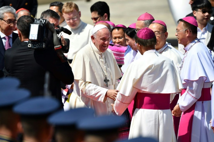 The pontiff landed at Bangkok's Don Mueang International Airport, where he stepped off the plane and was met by his missionary cousin Sister Ana Rosa