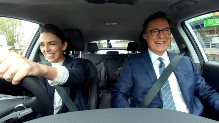New Zealand Prime Minister Jacinda Ardern driving US talk show host Stephen Colbert after picking him up from the airport in Auckland