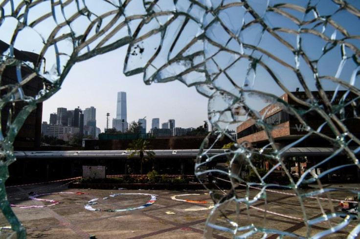 Items of clothing were used to make an SOS sign on the ground at the besieged Hong Kong Polytechnic University campus