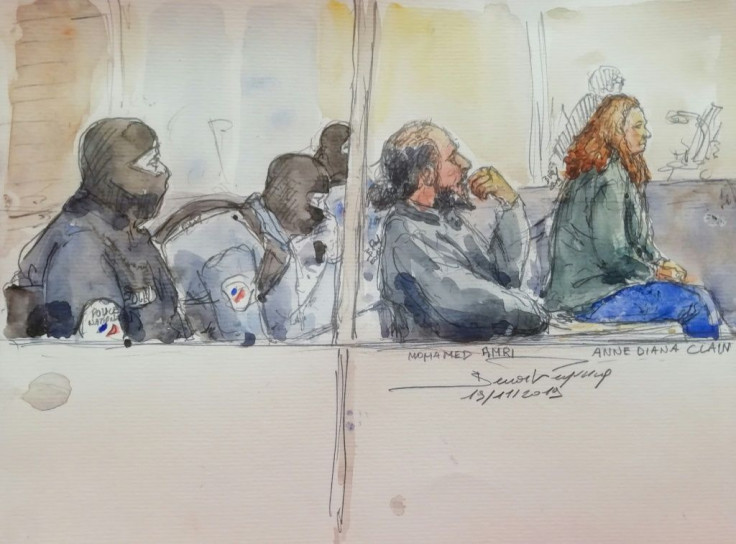 Artist's impresison shows Clain (right) and her husband (second right) during the trial in Paris