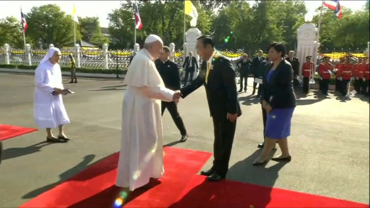 IMAGESPope Francis meets Thailand's prime minister Prayut Chan-O-Cha. The pontiff arrived in the country on Wednesday, the first leg of an Asian visit which will also take in Japan. +IMAGES CONTAIN THAI COMMENTARY FROM HOST BROADCASTER+