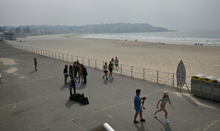 Bondi Beach is pictured as a smokey haze hangs over Sydney