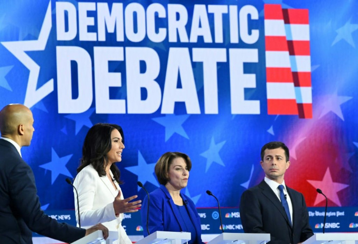 Democratic presidential hopefuls (L-R) Senator Cory Booker, US Representative Tulsi Gabbard, Senator Amy Klobuchar and South Bend, Indiana Mayor Pete Buttigieg were among 10 candidates in the latest Democratic debate