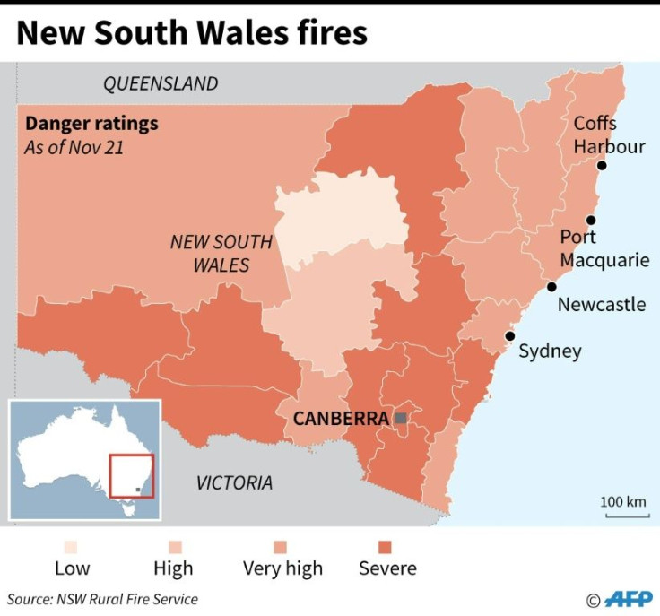 Map showing bushfire emergency warnings in Australia's New South Wales state as of November 21