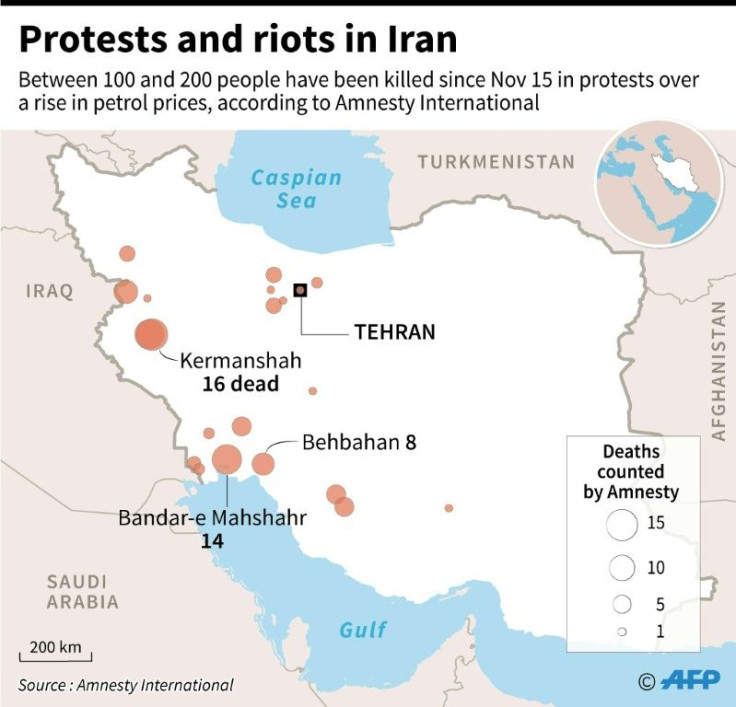 Map of Iran locating places that have been hit by demonstrations