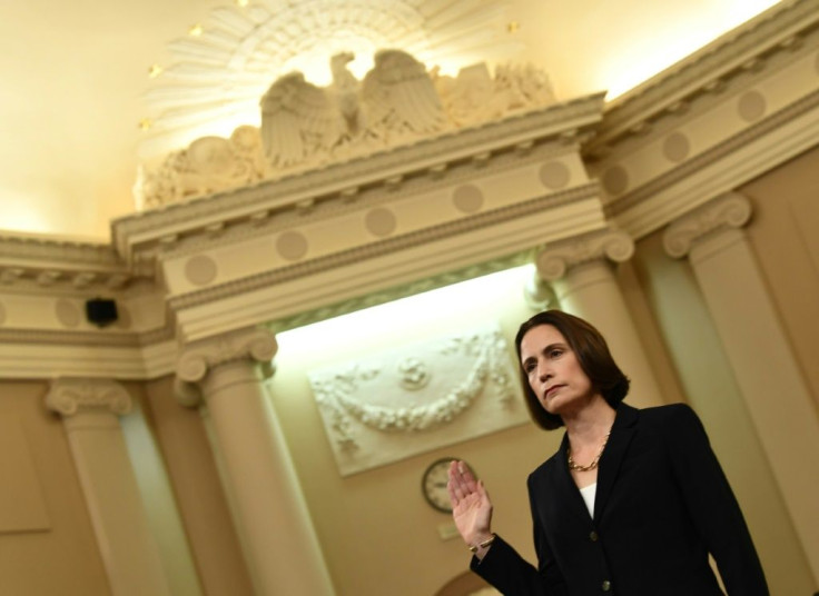 Fiona Hill, the former top Russia expert on the National Security Council, takes the oath before testifying during the House Intelligence Committee impeachment hearing against President Donald Trump