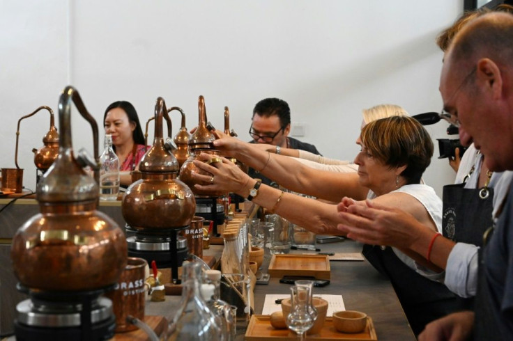 Using their own, small copper still, students at this Singapore gin school start with a neutral base spirit and redistill it with their custom mix of botanicals, then add water to the end product to reach the desired alcohol level