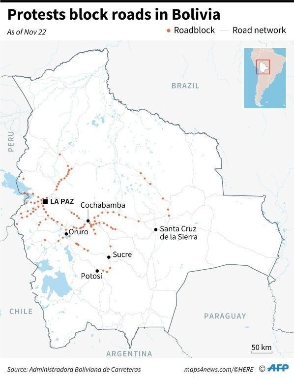 Map of Bolivia showing roads blocked by protests as of November 22
