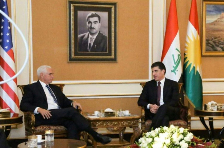 US Vice President Mike Pence (L) meets Iraqi Kurdish President Nechirvan Barzani in Arbil, capital of the autonomous Kurdish region, on November 23, 2019 during a visit to Iraq that avoided talks with Baghdad government officials for security reasons