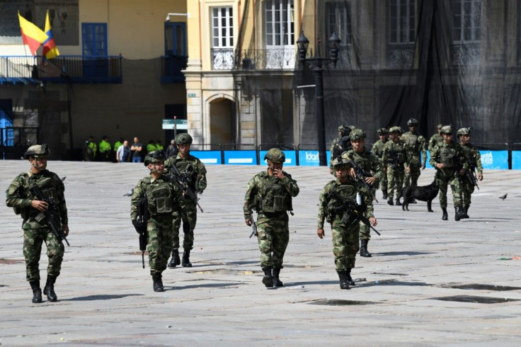 Soldiers patrol the streets of Bogota, Colombia on November 23, 2019